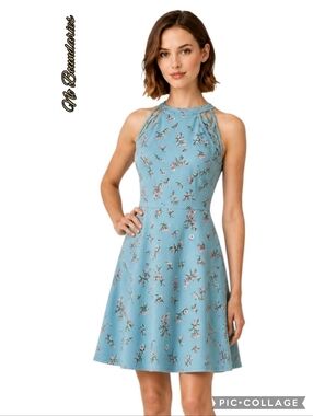 No Boundaries dress aqua floral halter neckline fit n flair with a flowing swing